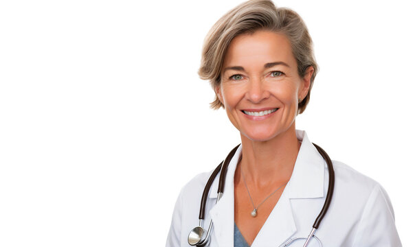 Happy smiling senior middle aged female doctor with stethoscope, isolated on transparent background