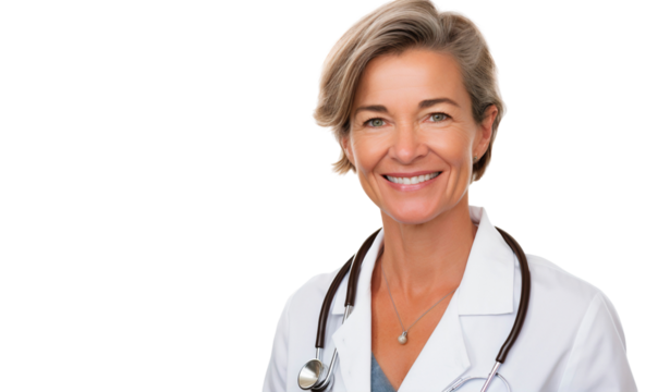 Happy smiling senior middle aged female doctor with stethoscope, isolated on transparent background