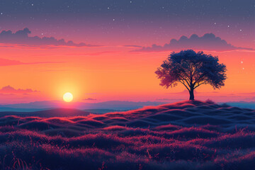 Drawing landscape  a tree on sunset sky background. Generative ai. - 756497333