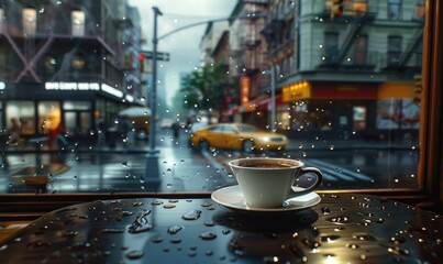 Cozy rainy day with coffee in city