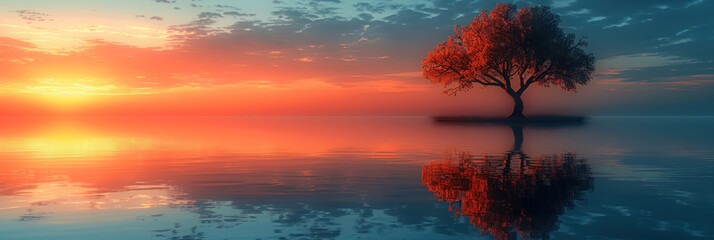 Drawing landscape  a tree on sunset sky background. Generative ai. - 756497363