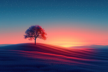 Drawing landscape  a tree on sunset sky background. Generative ai. - 756497374