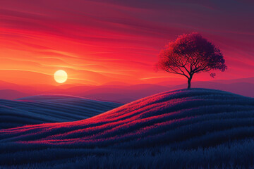 Drawing landscape  a tree on sunset sky background. Generative ai. - 756497388