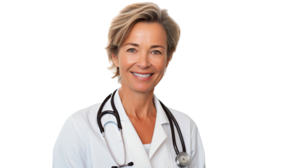 Happy smiling senior middle aged female doctor with stethoscope, isolated on transparent background