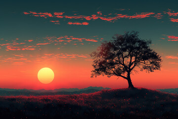 Drawing landscape  a tree on sunset sky background. Generative ai. - 756497508