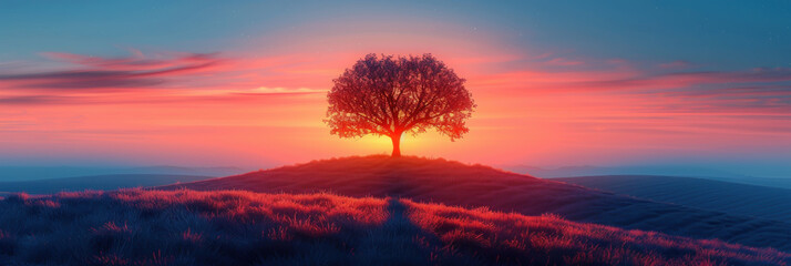 Drawing landscape  a tree on sunset sky background. Generative ai. - 756497535