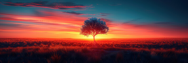 Drawing landscape  a tree on sunset sky background. Generative ai. - 756497541