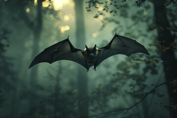 bat flying in dark  forest