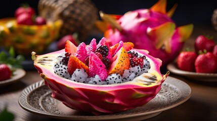 Exotic fruit salad served in half a dragon fruit.


