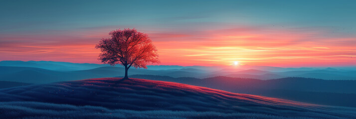 Drawing landscape  a tree on sunset sky background. Generative ai. - 756497580