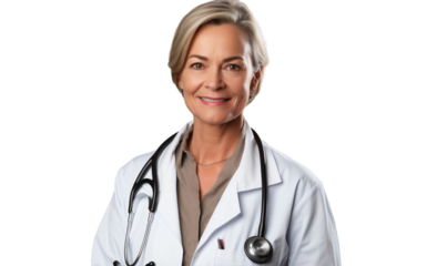 Portrait of senior middle aged female medical doctor with stethoscope, isolated on transparent background