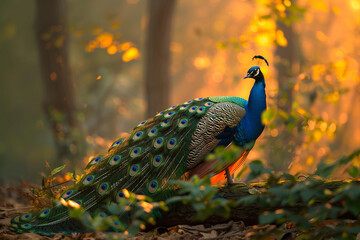 Majestic peacock stands proud in natural habitat sunset light