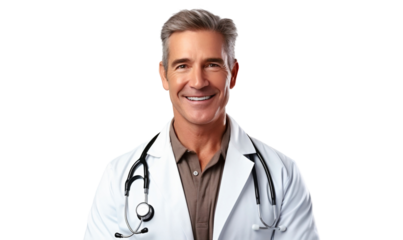 Portrait of a happy smiling senior male doctor with stethoscope, isolated on transparent background