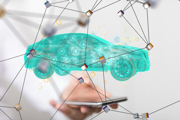 Autonomous car with HUD graphic of Navigation system driving