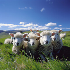 Herd of sheep standing on green field under blue sky