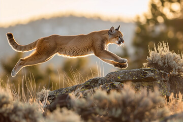 puma concolor jumping in forest