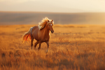 horses galloping across a field at sunset