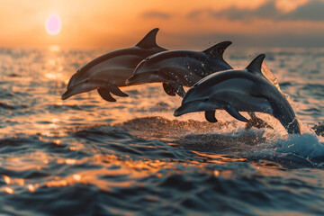 Dolphin jumping over the sea at sunset