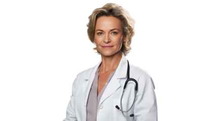Portrait of senior middle aged female medical doctor with stethoscope, isolated on transparent background