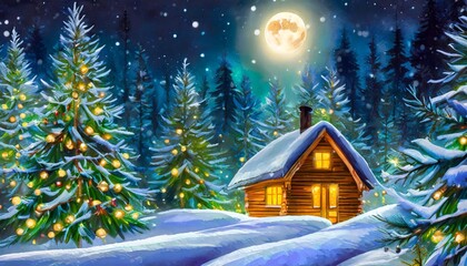 starry night full moon winter forest christmas trees wooden cabin with light in windows pine trees covered by snow winter christmas festive background