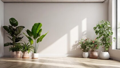 Fototapeta na wymiar empty interior with flowers and indoor plants in flower pots modern 3d living room office or gallery with shadows and sunlight from the window on wall realistic wall mockup design for background
