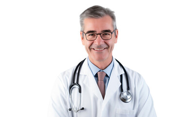 Fototapeta premium Portrait of a smiling senior male doctor with stethoscope, isolated on transparent background