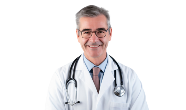Portrait of a smiling senior male doctor with stethoscope, isolated on transparent background - Powered by Adobe