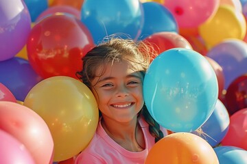 Fototapeta na wymiar girl in pink sweater, smiling, surrounded by colorful balloons