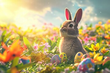 A playful scene with a rainbow hued rabbit and a kaleidoscope of Easter eggs in a sunlit blooming field