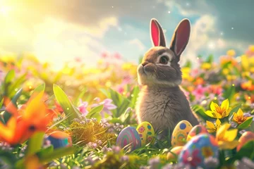 Foto op Plexiglas A playful scene with a rainbow hued rabbit and a kaleidoscope of Easter eggs in a sunlit blooming field © Virtual Art Studio