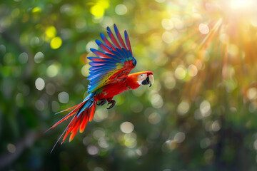 Scarlet Macaw flying in tropical forest