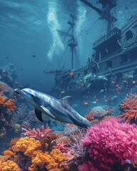 A vibrant underwater scene with a curious dolphin examining a sunken pirate ship surrounded by colorful coral reefs