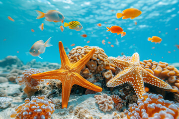Colorful tropical starfish and fish in a coral reef