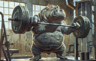 A weightlifting hippo in a gym, lifting heavy barbells, surrounded by admiring fellow gym-goers, showing off strength - obrazy, fototapety, plakaty