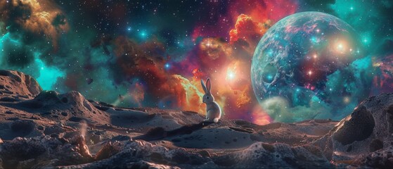 A whimsical elastic rabbit stretching amusingly on the moon with a backdrop of a surreal colorful nebula