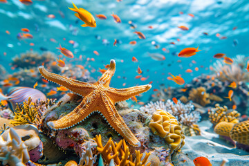 Colorful tropical starfish and fish in a coral reef - obrazy, fototapety, plakaty