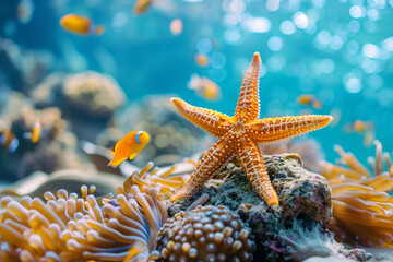 Colorful tropical starfish and fish in a coral reef