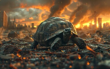 A wise old tortoise walking through a polluted wasteland - obrazy, fototapety, plakaty