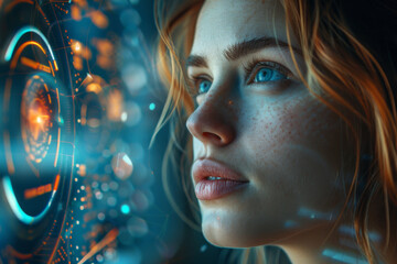 Close-up of a woman's face reflecting advanced technological interfaces, evoking themes of future tech and innovation.