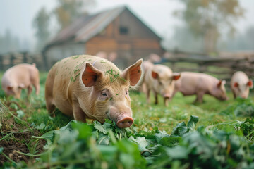 Free range domestic pigs eating on a meadow