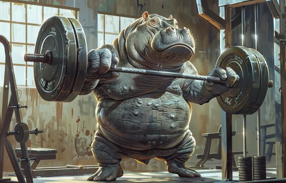 A weightlifting hippo in a gym, lifting heavy barbells, surrounded by admiring fellow gym-goers, showing off strength