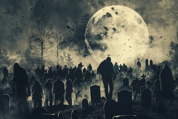 An undead crowd wandering in a graveyard a haunting full moon overhead highlighting an apocalypse night of terror and horror - obrazy, fototapety, plakaty