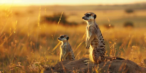 Deurstickers meerkat guard standing upright watching environment © anankkml