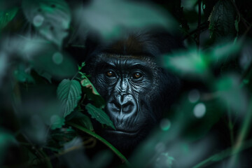 Portrait dominant male gorilla in forest