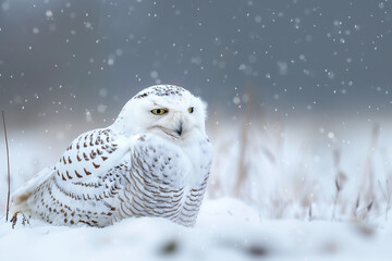 Snowy owl sitting on the plain with snowflakes