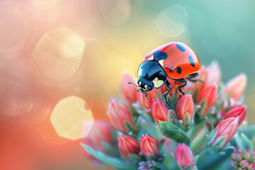 Red ladybug on a  flowers  beautiful insect in nature