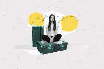 Collage picture of cute minded woman sitting airport waiting for registration flight abroad...