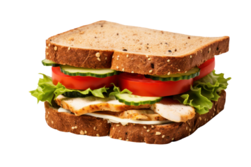 Chicken breast sandwich on French bread with cheese, tomatoes and onions, grilled until crisp, cheese melted, and drizzled with BBQ sauce. Add intense flavor Isolated on transparent background.