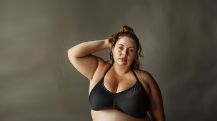 Plus size female in a swimsuit on grey background. Young woman in swimwear 