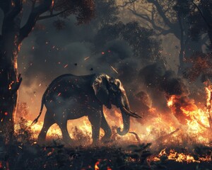 Forest fire scene with either an elephant or deer escaping smoke filled and fiery a dramatic survival moment